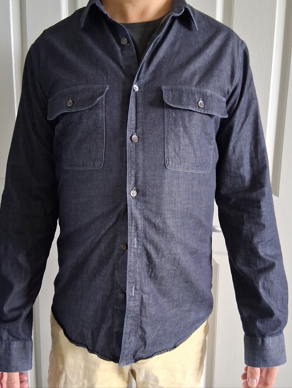 Theory Barham C Turini Navy Chambray Shirt Medium EUC